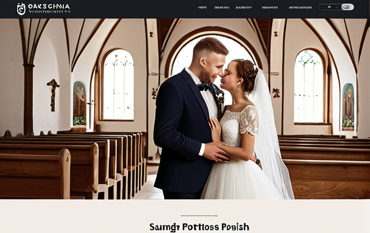 **

A professional photographer's portfolio website showcasing stunning wedding photography in a picturesque Polish setting (e.g., a charming village church or a grand ballroom). The website is clean, modern, and easy to navigate, emphasizing the photographer's personal brand and contact information. The overall tone is elegant and romantic, appealing to couples planning their special day. Perhaps, include a subtle Polish folk motif in the design.

**